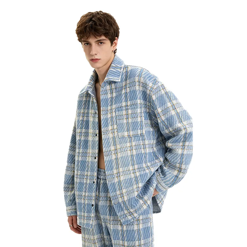 Veste à revers droite style coréen vintage bleu et blanc, respirante et chauffante, 100 % polyester